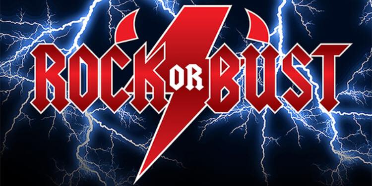 Rock or Bust, an AC/DC tribute band, performing live on stage at a concert in Clinton, BC, with an excited crowd cheering