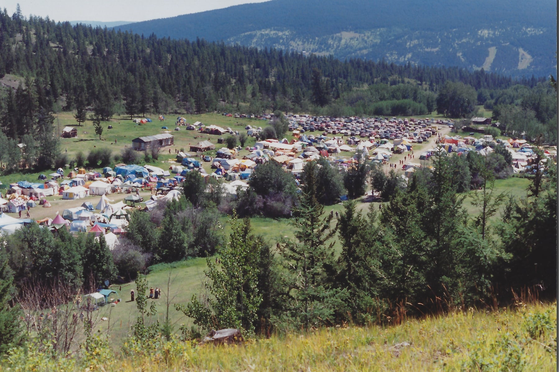 A panoramic view of the Clinton War medieval tent village set in the Cariboo landscape