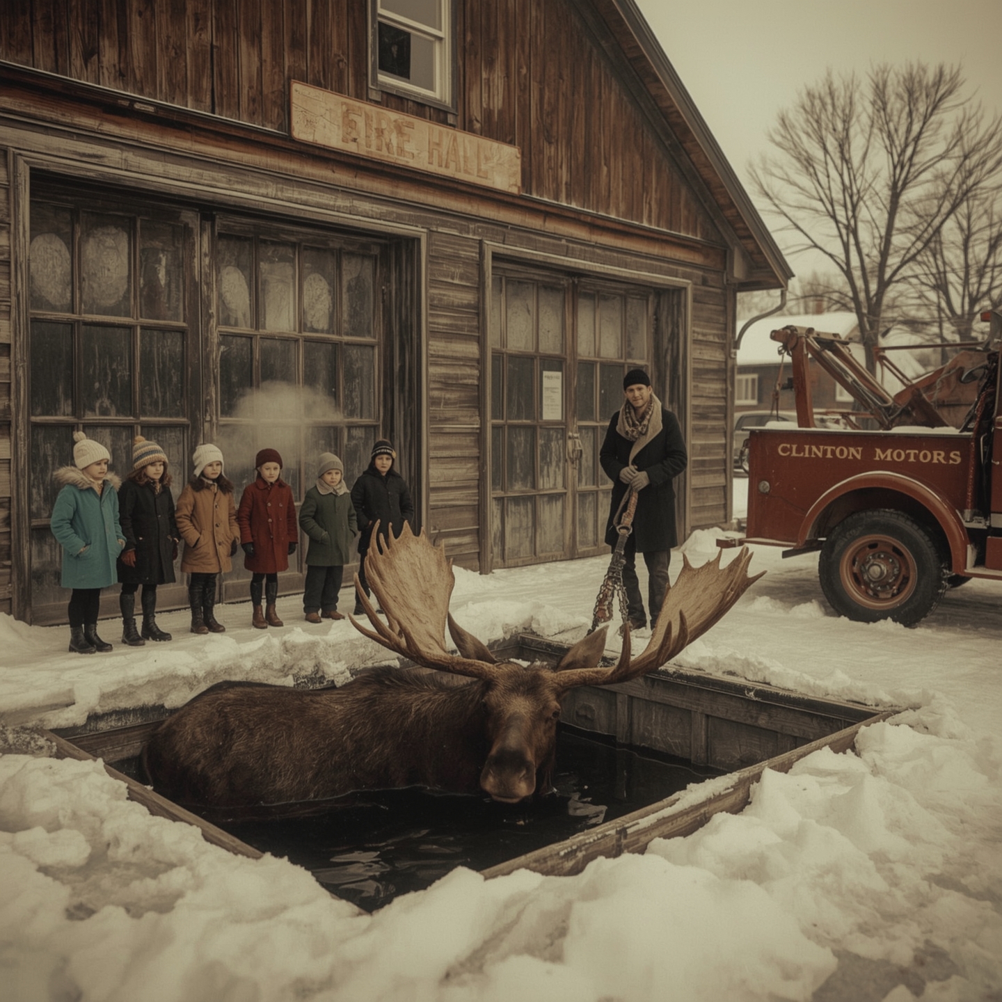 Clinton BC moose rescue, 1958/59—volunteer firefighters and townsfolk use a tow truck to free a moose from a septic tank on a snowy winter day