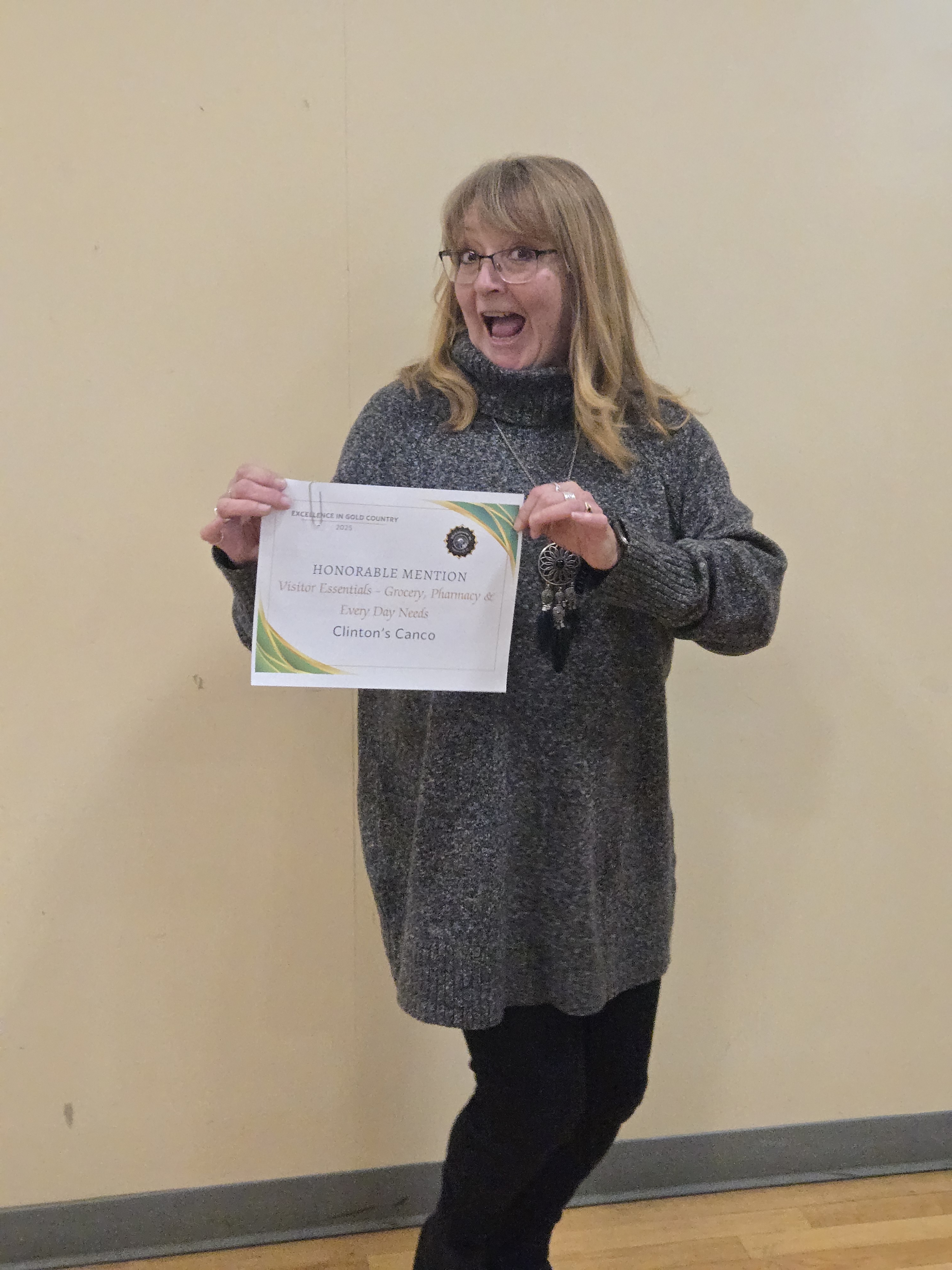 Clinton’s Canco representative celebrating an Honourable Mention for Visitor Essentials at the Excellence in Gold Country Awards in Clinton, BC.