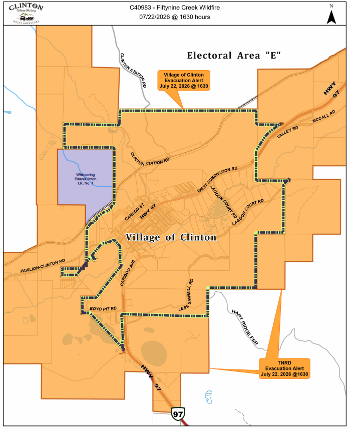 Map showing the Village of Clinton Evacuation Alert area and nearby TNRD alert areas for the Fiftynine Creek Wildfire, issued July 22, 2026 at 4:30 p.m.